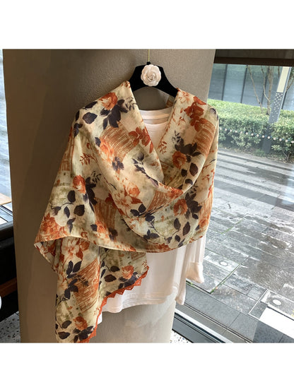 Scarvii - Floral Print Rectangular Shawl Scarf