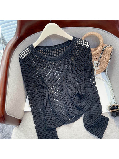 Crosa - Loose Fit Openwork Long Sleeve Pullover Top