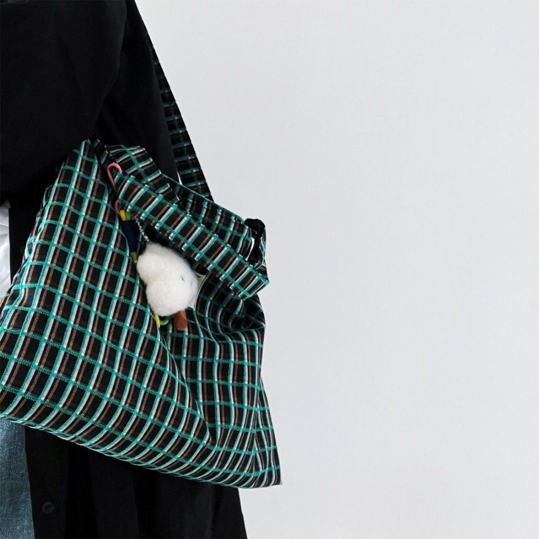 Cosbai slouchy shoulder tote bag with beige and brown checked pattern