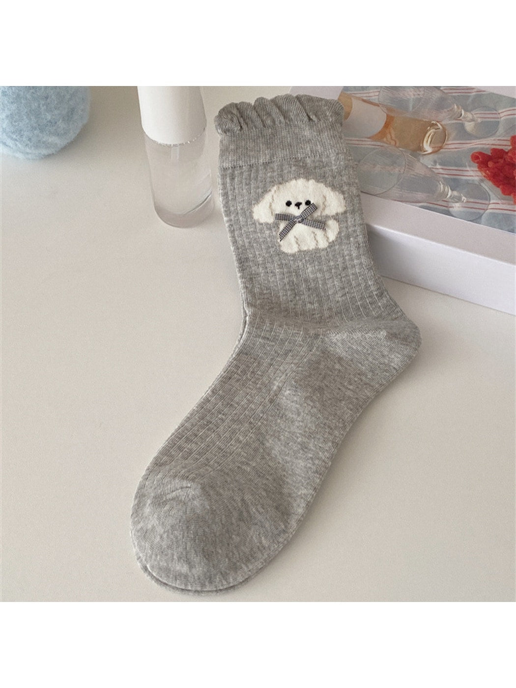Rufia - Cute Dog Pattern Ruffle Trim Crew Socks
