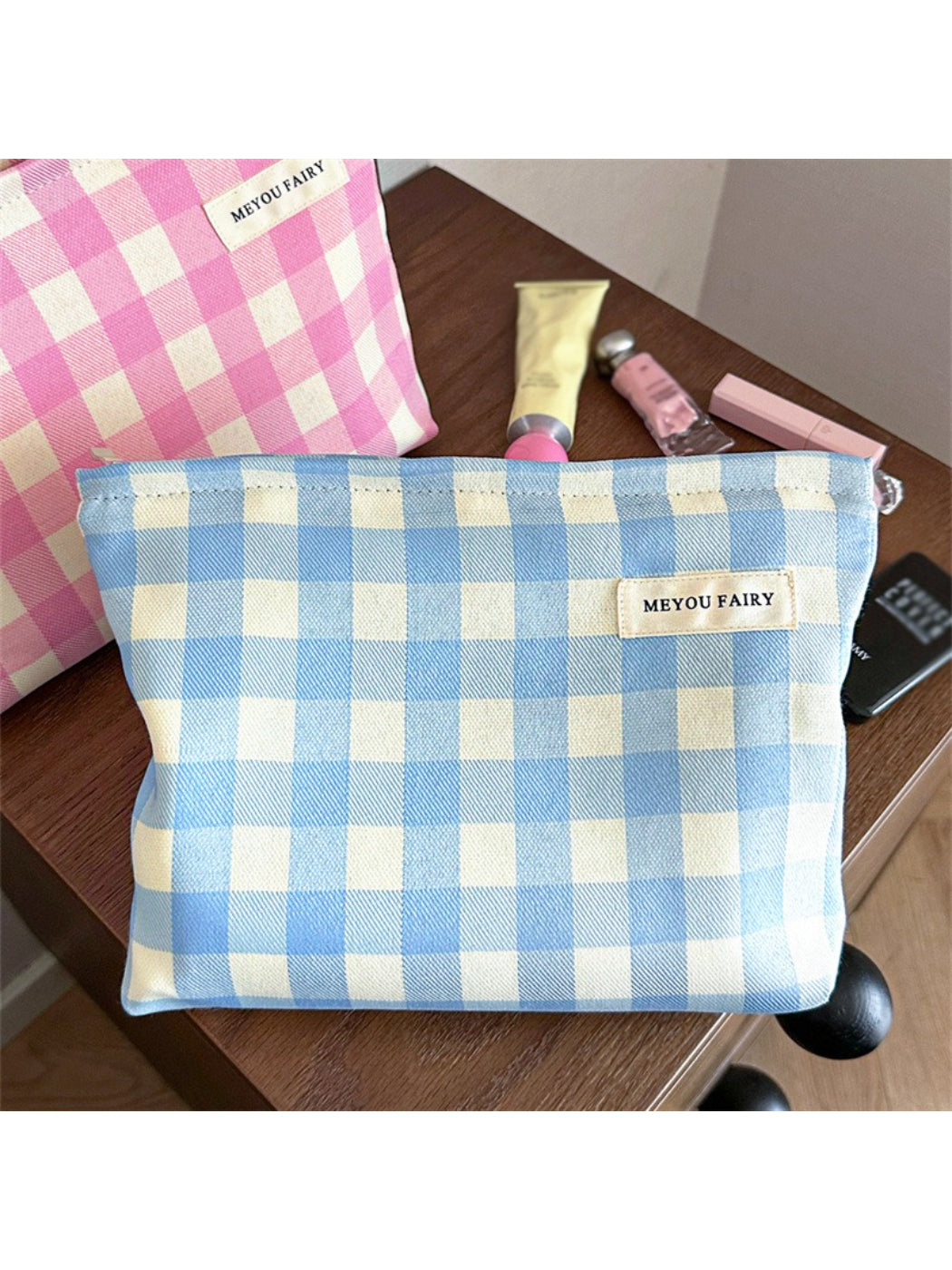 Cosbai pastel check makeup pouch displayed on a white surface