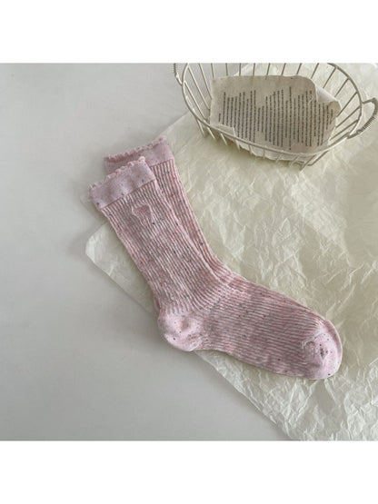 Rufia - Bow Embroidered Ruffle Cuff Heathered Crew Socks