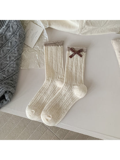 Rufia - Ribbed Knit Bow Accent Rolled Cuffs Crew Socks