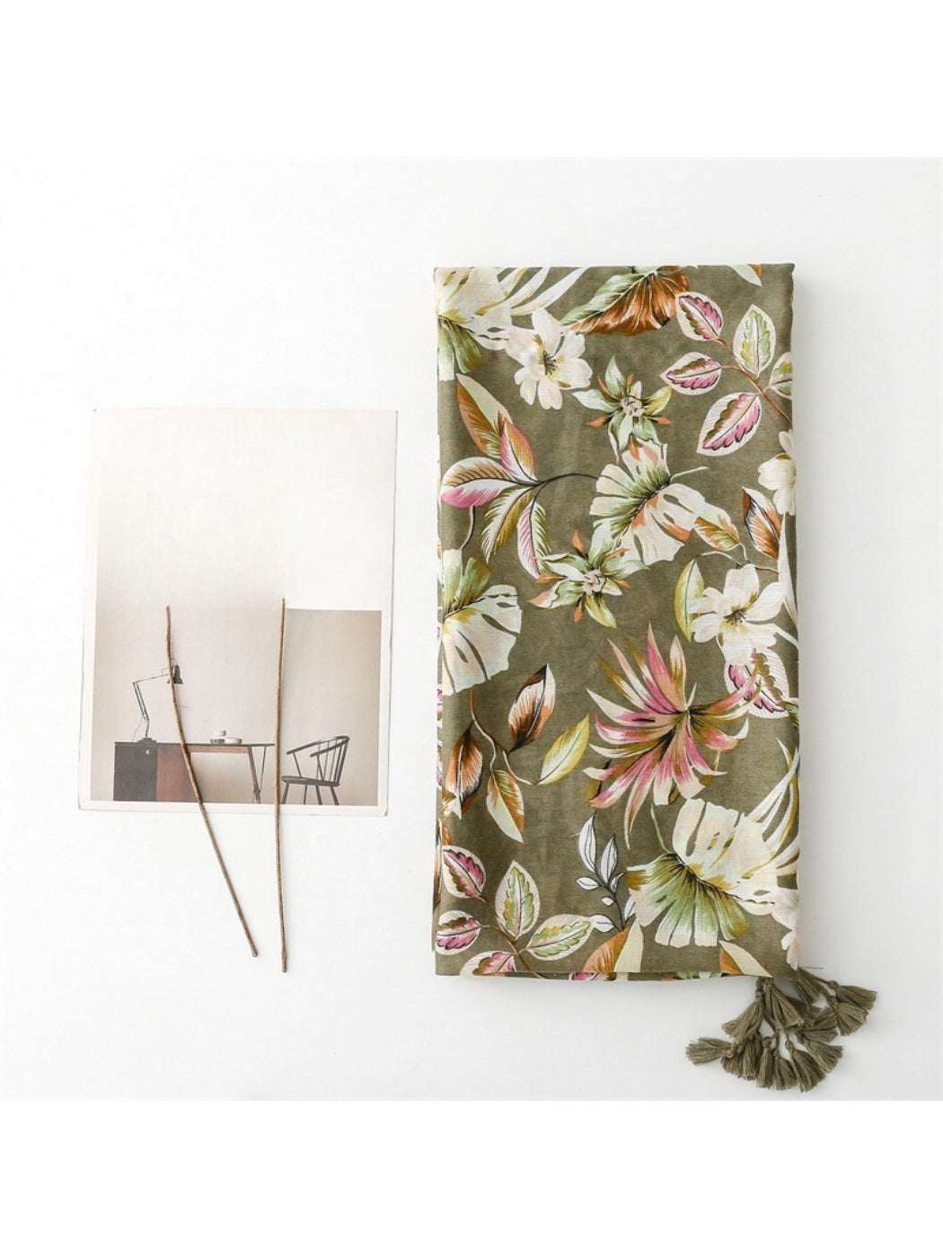 Scarvii - Tropical Botanical Print Tassel Scarf