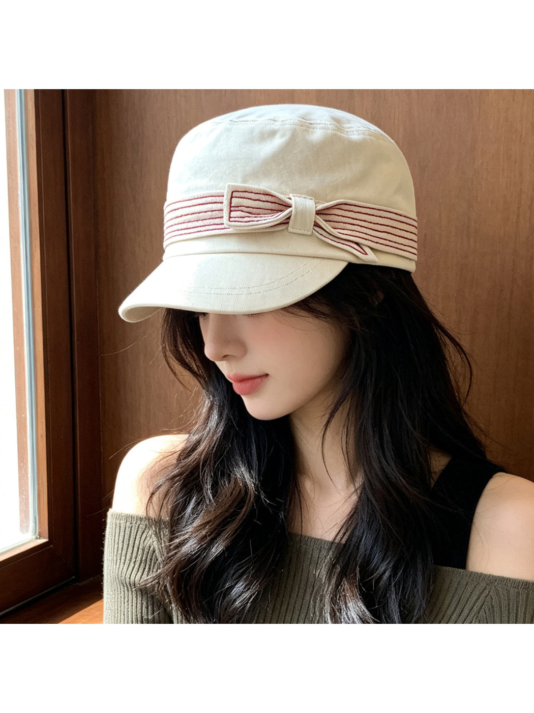 Haila - Striped Bow Band Curved Brim Cap