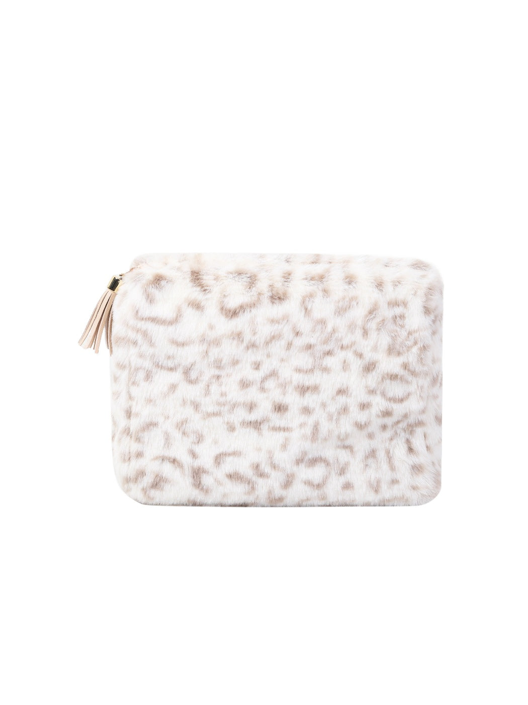 Close-up of Cosbai leopard faux fur makeup pouch showing texture and pattern