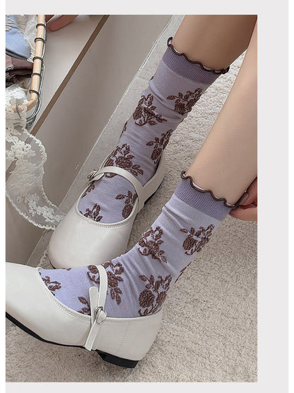 Rufia - Vintage Floral Jacquard Lettuce-Edge Socks