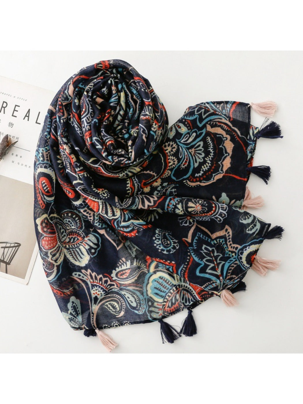 Scarvii - Navy Paisley Print Fringe Scarf - Classic & Versatile