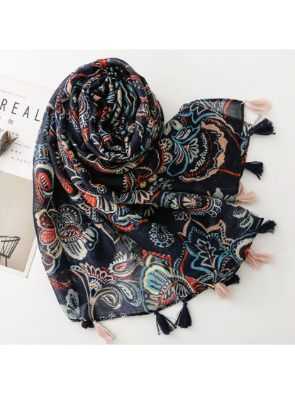 Scarvii - Navy Paisley Print Fringe Scarf - Classic & Versatile