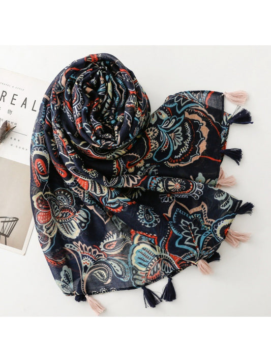 Scarvii - Navy Paisley Print Fringe Scarf - Classic & Versatile