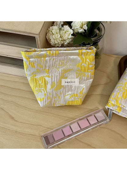 Cosbai - Yellow Floral Pleated Design Zip Pouch