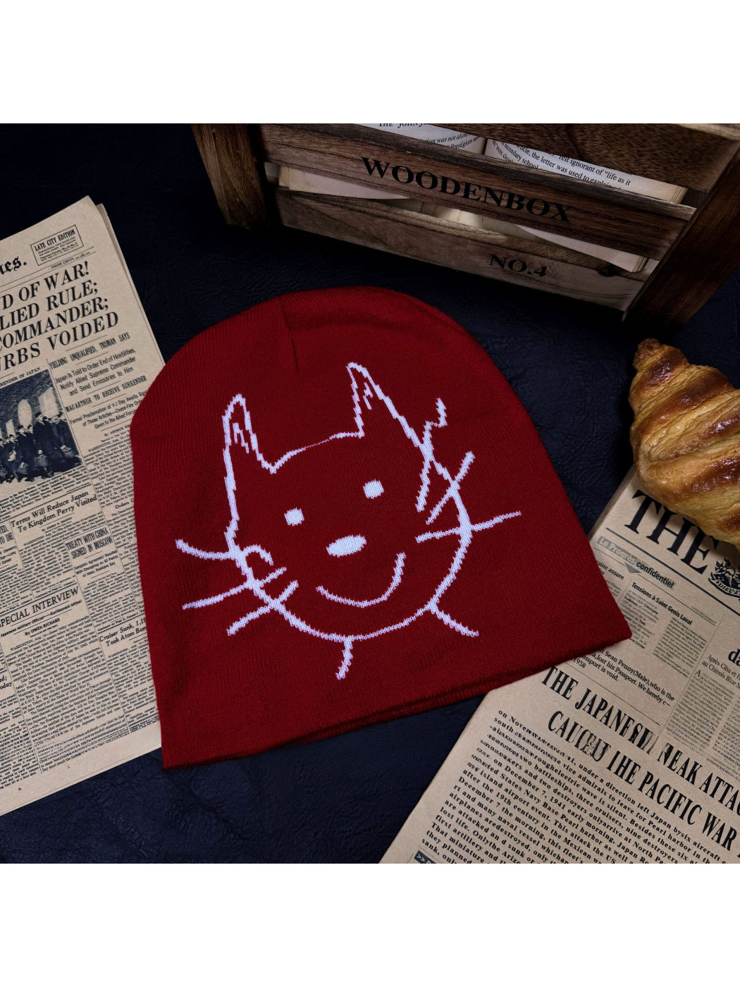 Haila - Cat Face Graphic Knit Slouchy Beanie