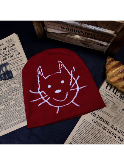 Haila - Cat Face Graphic Knit Slouchy Beanie