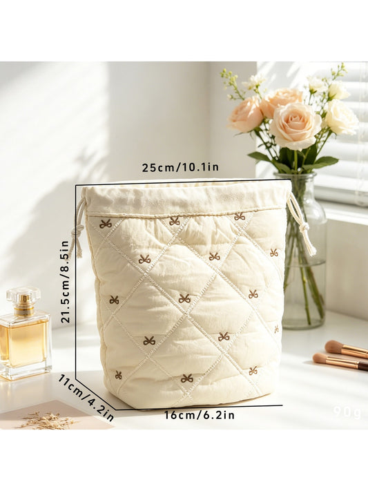 Cosbai - Quilted Bow Embroidery Drawstring Pouch
