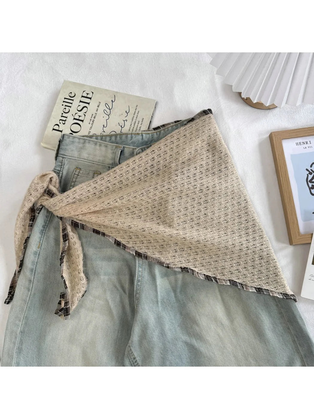 Scarvii - Plaid-Trim Openwork Triangle Scarf