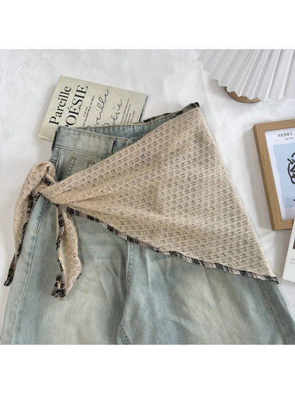 Scarvii - Plaid-Trim Openwork Triangle Scarf