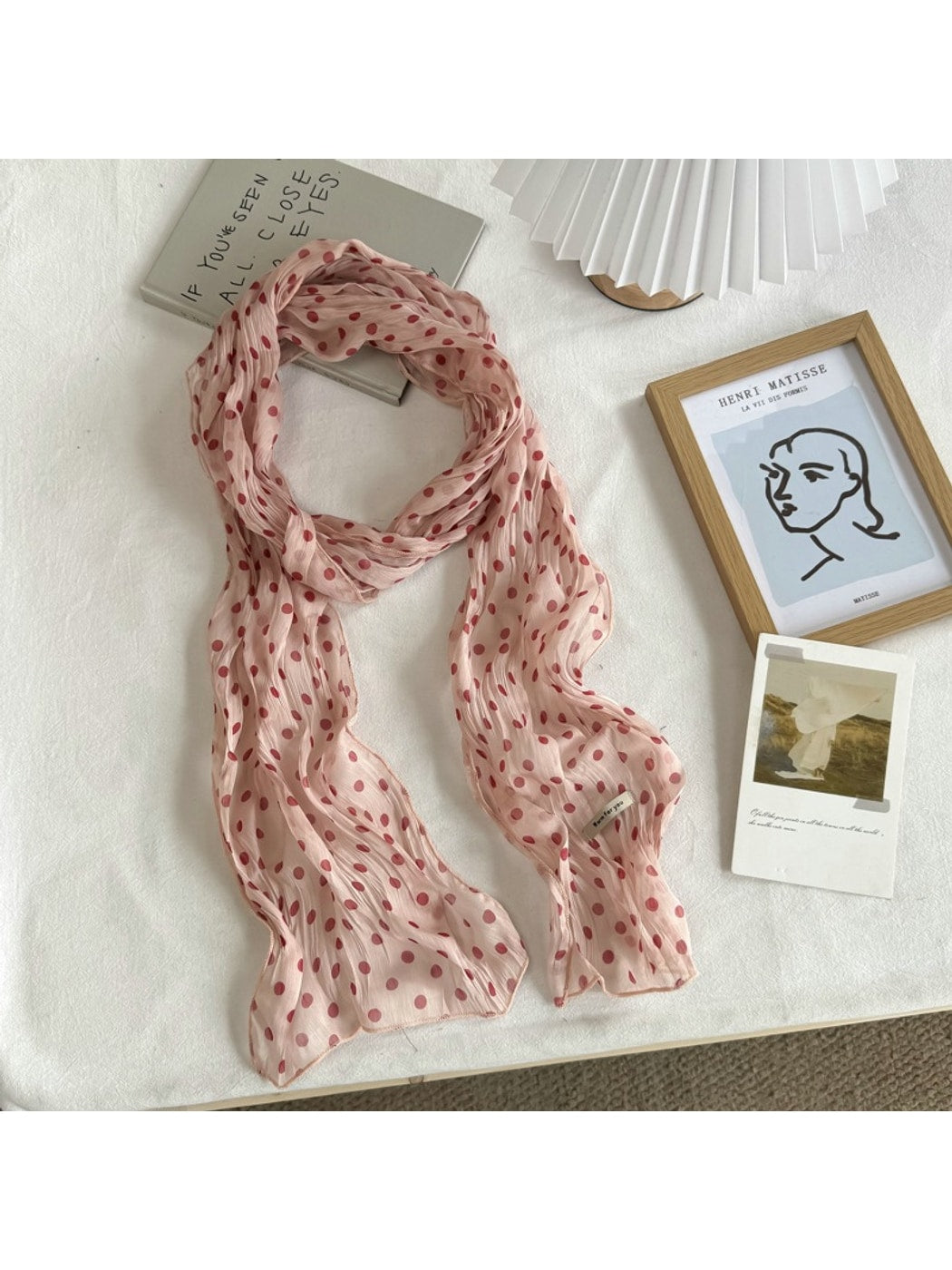 Scarvii - Polka Dot Pleated Long Narrow Scarf