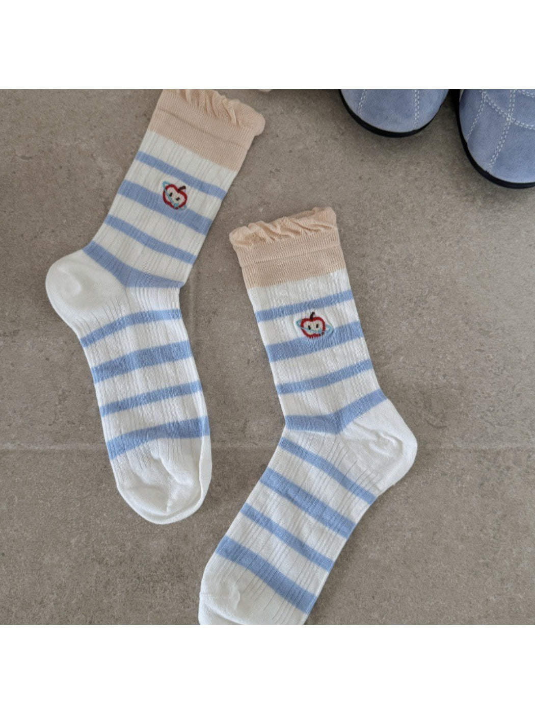 Top view of Rufia embroidered lace mesh mid-calf socks highlighting lace design