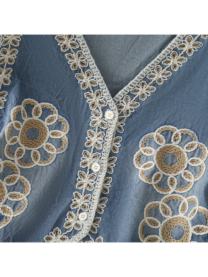 Crosa - Blue Floral Button Front V-Neck Vest Top