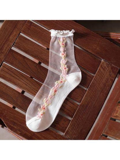 Rufia - Elegant Floral Pattern Ruffled Trim Crew Socks