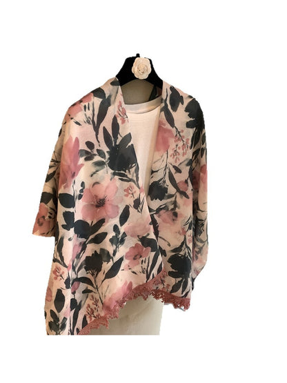 Scarvii - Floral Print Tassel Edge Long Shawl Scarf