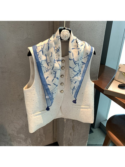 Scarvii - Soft Blue White Ink Floral Print Square Scarf