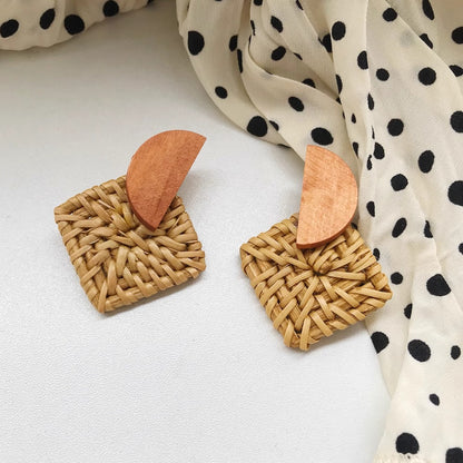 Earwish - Square Rattan Earrings with Wood Accent