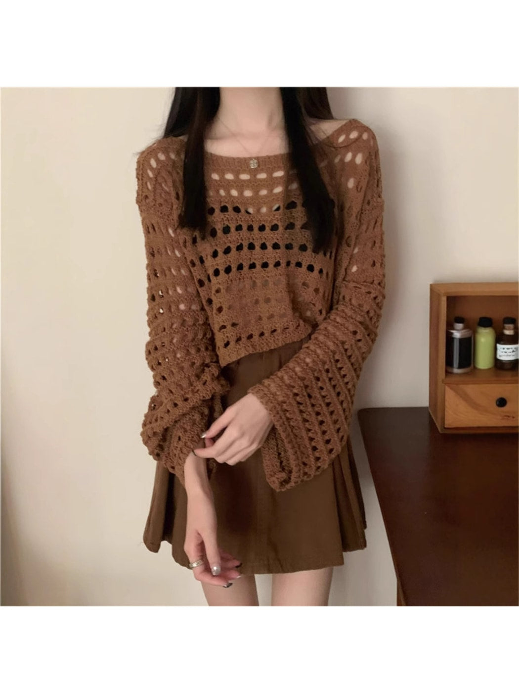 Crosa - Openwork Long Sleeve Crew Neck Knit Cover Up