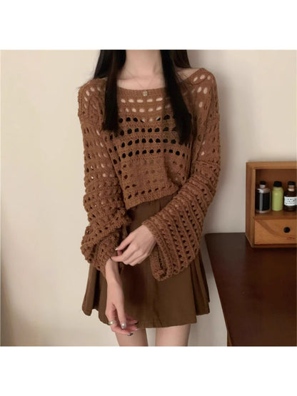 Crosa - Openwork Long Sleeve Crew Neck Knit Cover Up