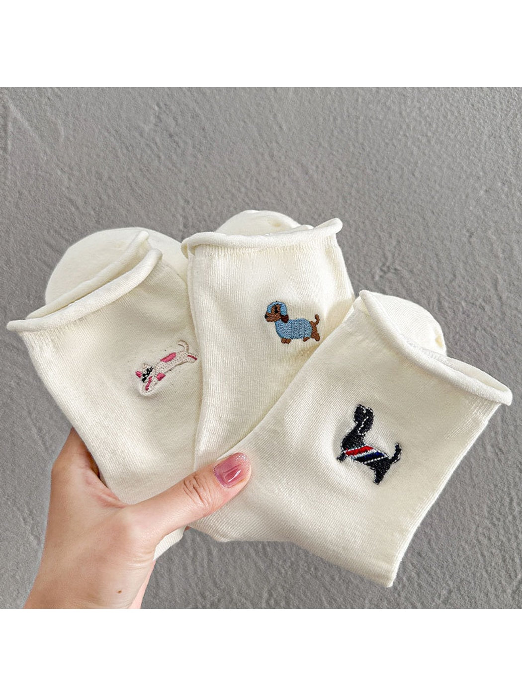 Rufia - Cute Animal Motif Rolled Cuff Crew Socks