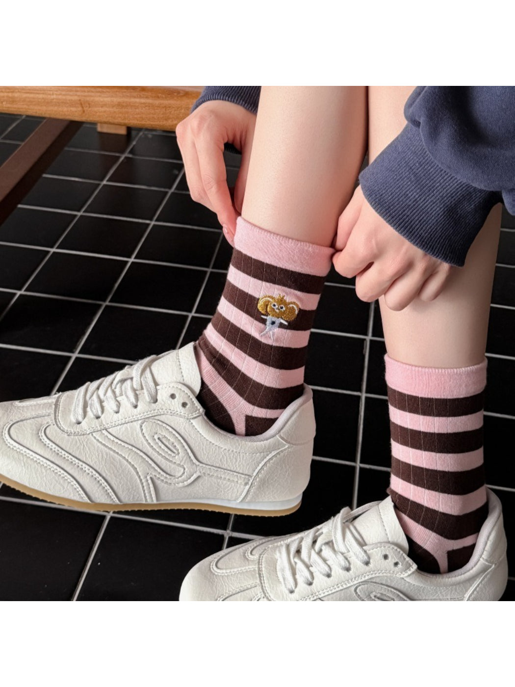 Close-up of Rufia mesh stripe contrast crew socks highlighting mesh texture