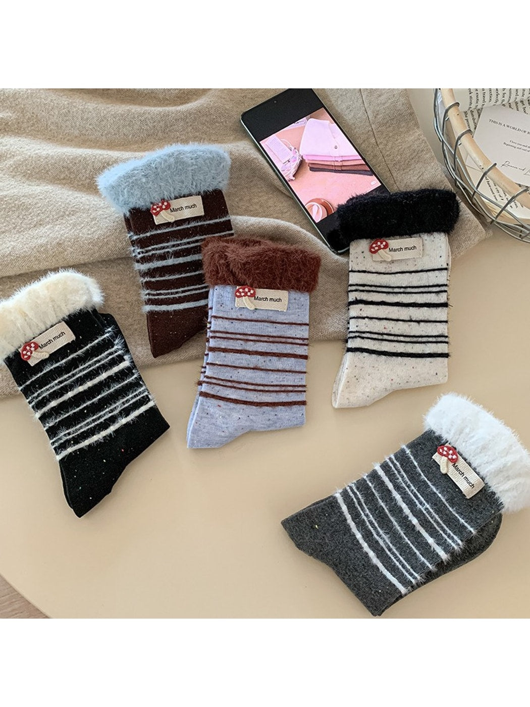 Rufia - Mushroom Label Plush Cuffs Striped Crew Socks