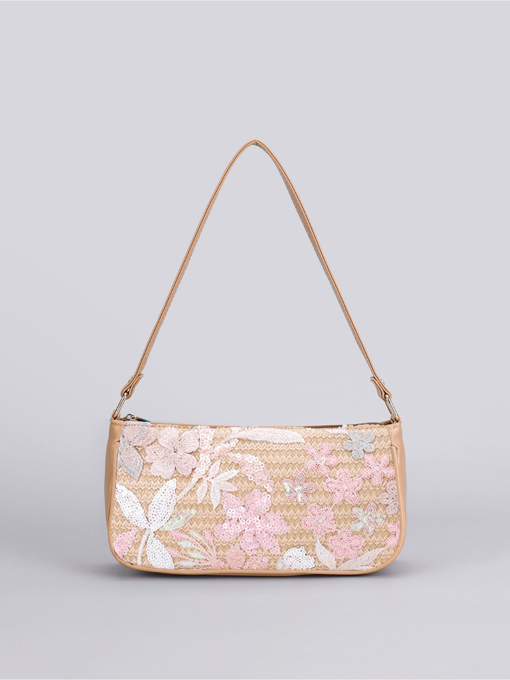 Close-up of gold chain shoulder strap attached to Cosbai Floral Sequin Shoulder Bag