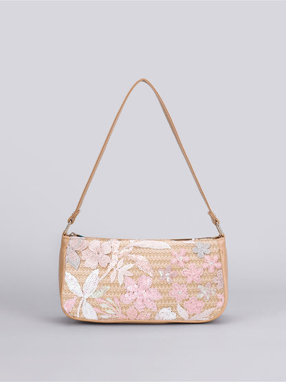Close-up of gold chain shoulder strap attached to Cosbai Floral Sequin Shoulder Bag