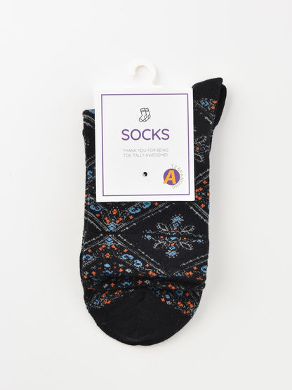 Rufia - Retro Mid-calf Socks with Diamond Floral Patterns