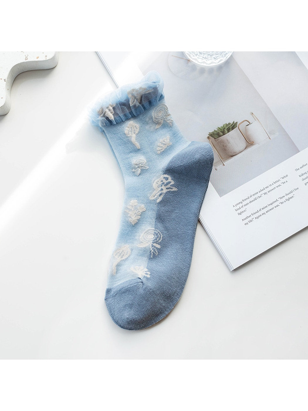 Rufia - Ruffle Cuff Floral Crew Socks