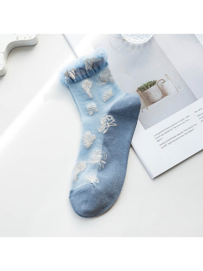 Rufia - Ruffle Cuff Floral Crew Socks