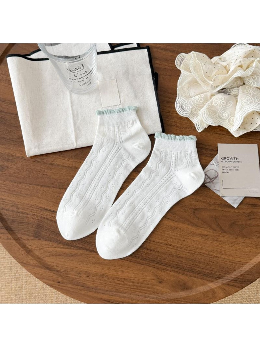 Rufia - White Tones Openwork Ruffle Ankle Socks