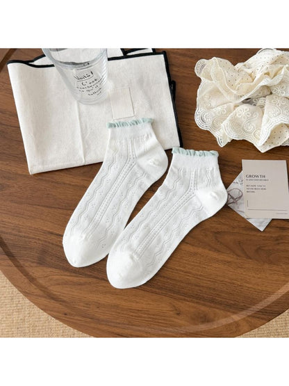 Rufia - White Tones Openwork Ruffle Ankle Socks