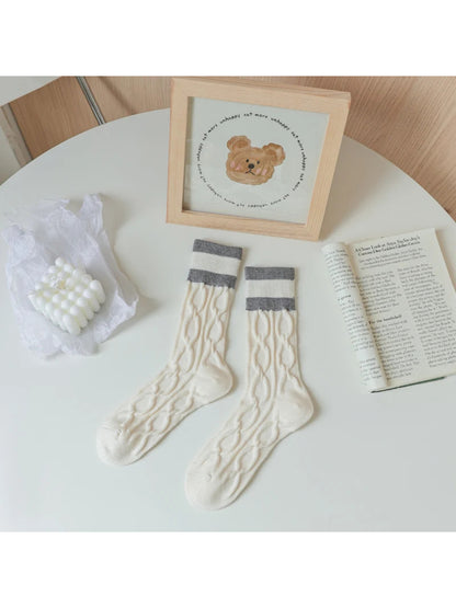 Rufia - Striped Ribbed-Cuff Cable Knit Crew Socks