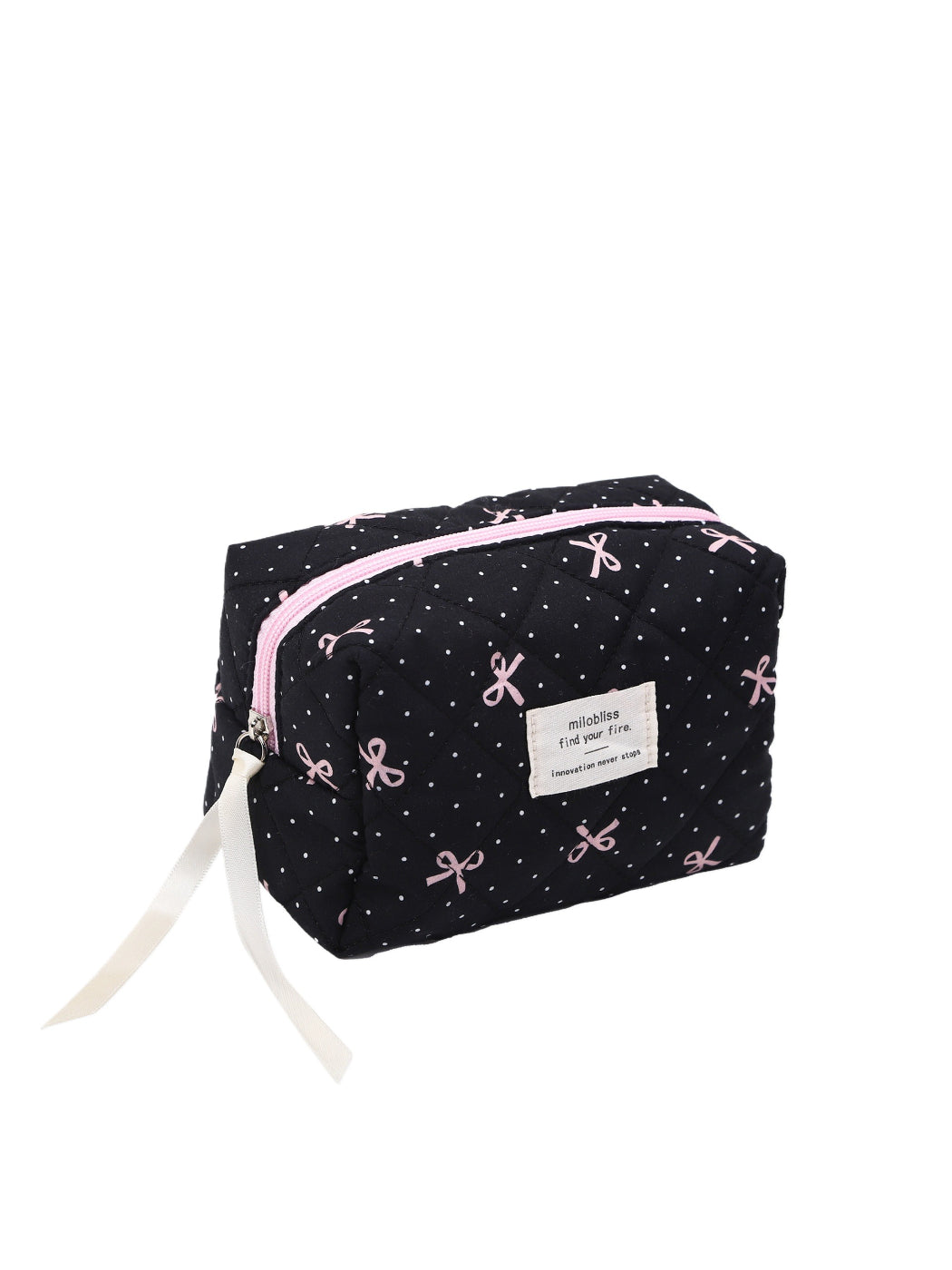 Close-up of Cosbai Quilted Ribbon Cosmetic Bag showing detailed quilting and ribbon design