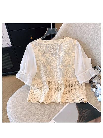 Crosa - V-Neck Hollow Out Floral Knit Cardigan