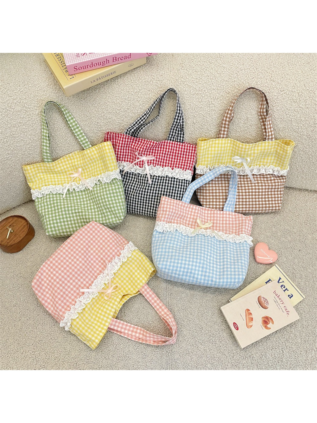 Cosbai - Lace Trim Gingham Tote Bag