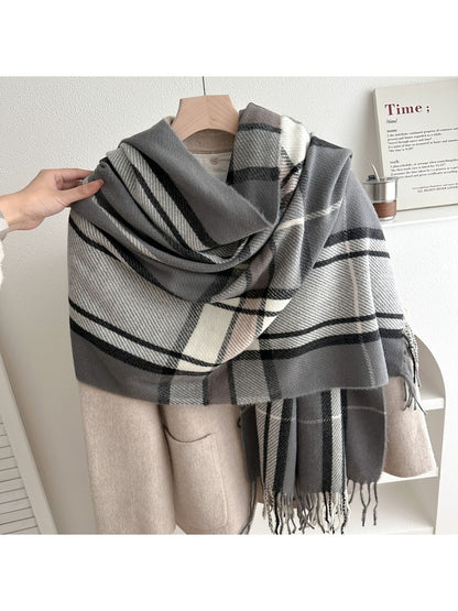 Scarvii - Soft-Tone Plaid Fringed Winter Scarf