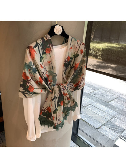Scarvii - Floral Print Long Shawl Scarf