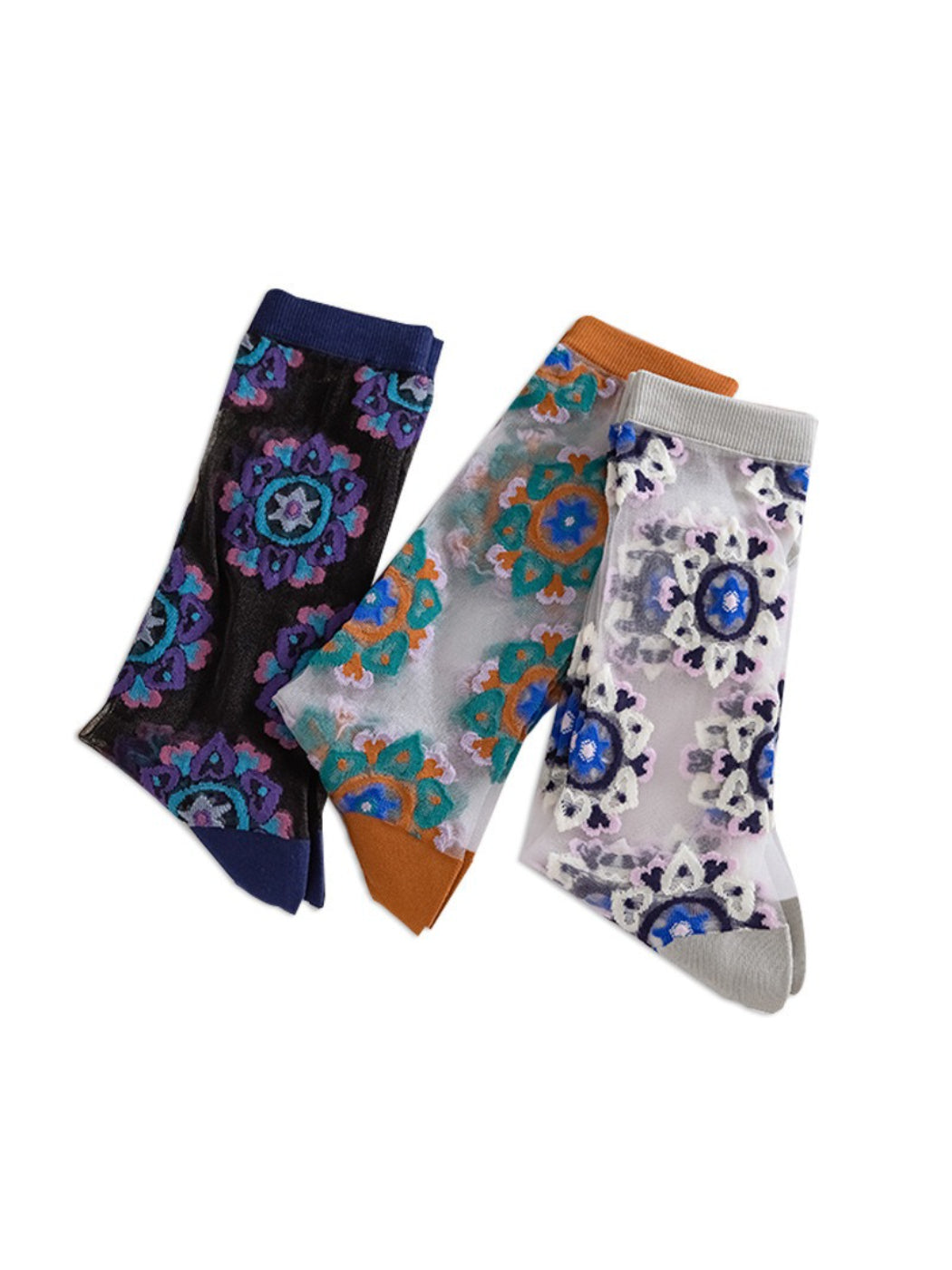 Rufia sheer blossom pattern crew socks worn on feet with visible floral pattern