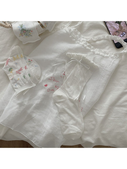 Rufia - Ruffle Cuff Floral Pattern Crew Socks