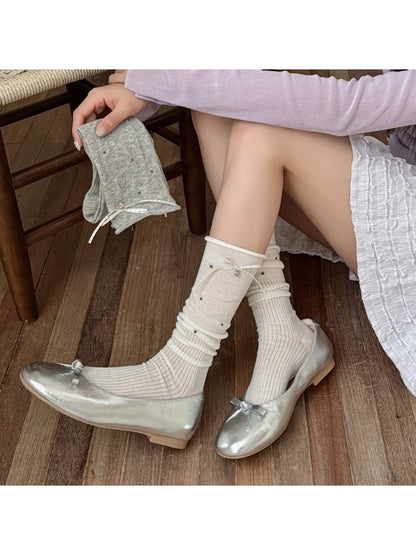 Rufia - Polka Dot Ribbon Bow Rolled Cuffs Knee High Socks