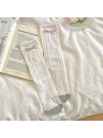 Rufia - Ruffle Cuff Bow Accent Patterned Crew Socks