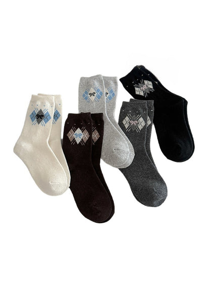 Rufia - Preppy Argyle Bow Pattern Crew Socks